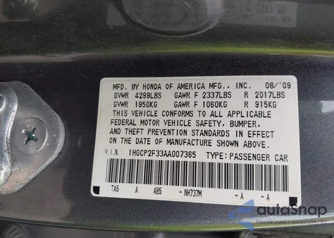 2010 Honda Accord 2.4 Lx из США, поврежденный, VIN 1HGCP2F33AA007365